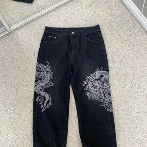 Chinese Dragon Embroidery Jeans (Like Dickies/Empyres) Black Large New Unworn